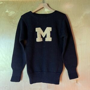 Navy Leterman Sweater with Cream 'M' Design